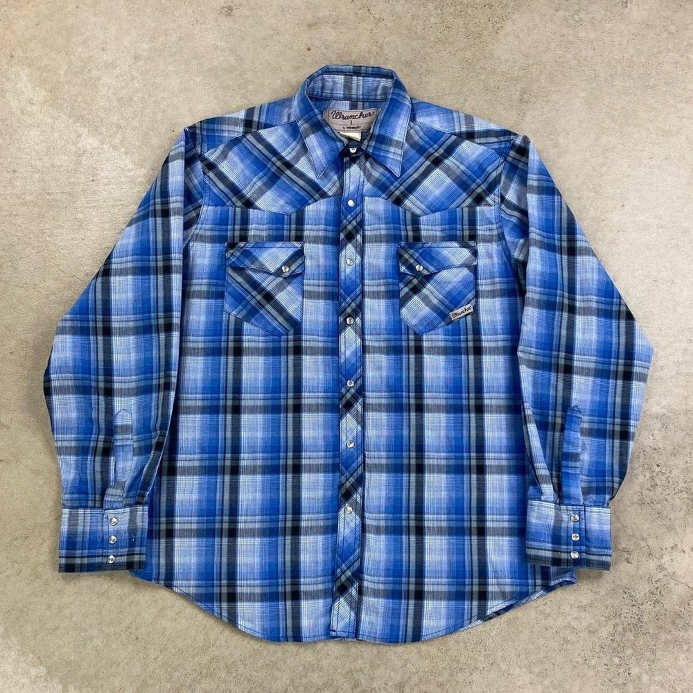 Vintage Wrangler Shirt Mens Large Blue Pearl Snap Long Sleeve Plaid Pockets
